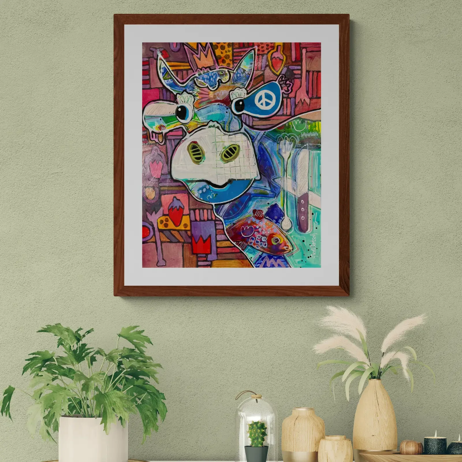 VogelLisi – Strawberry Fields, Pop Art Acrylgemälde von Fredi Gertsch, Wandbild im Esszimmer, Schweizer Kunst, 2026