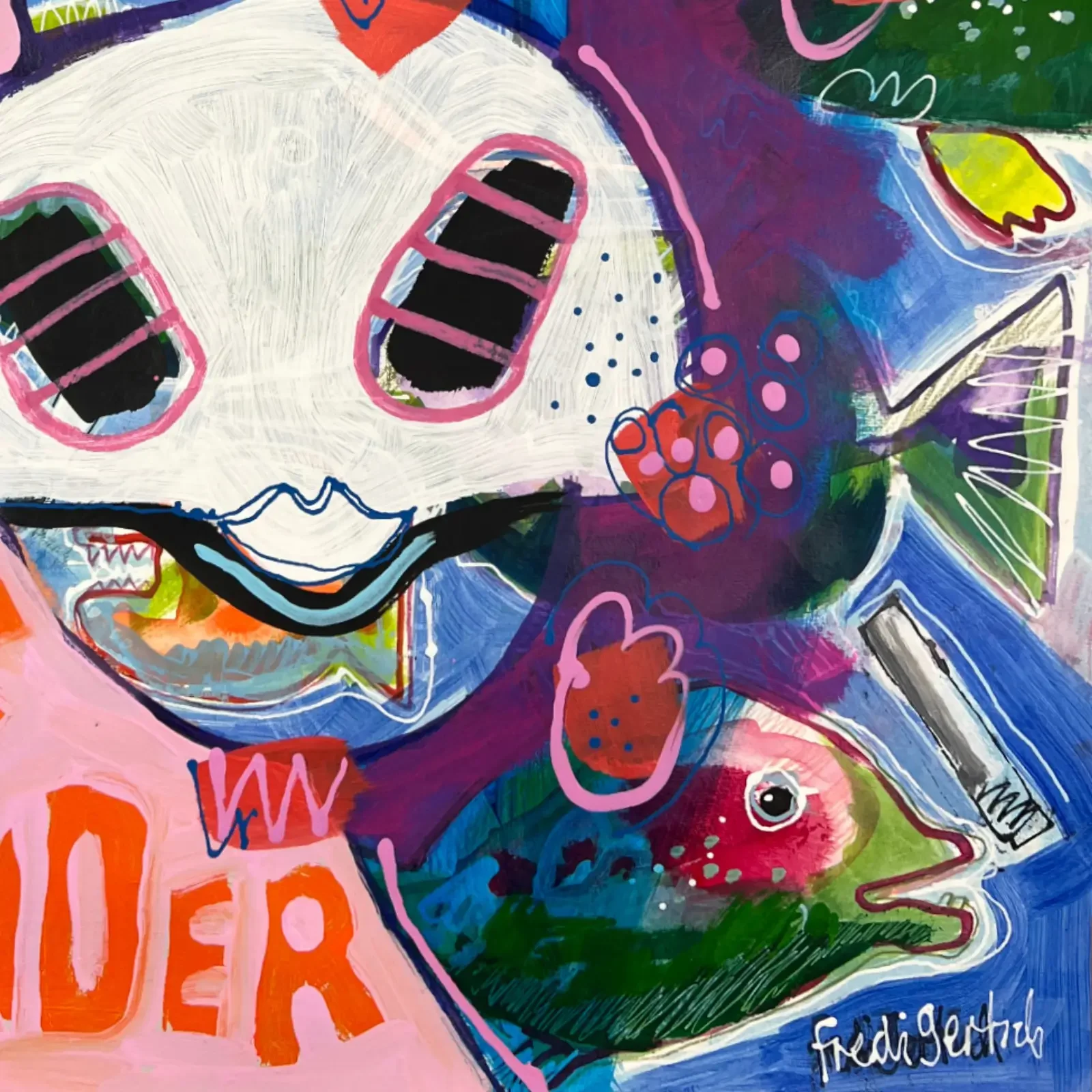 Detail VogelLisi-Gesicht und Fischmotiv, Pop Art Acrylgemälde VogelLisi – Mach Platz fuers Wunder, Fredi Gertsch, 2026