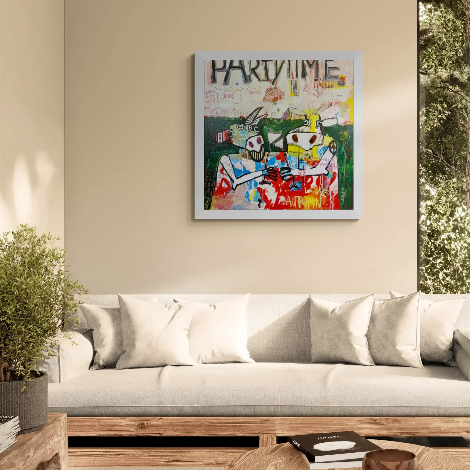 Partytime von Fredi Gertsch, Pop Art Acrylgemälde als Wandbild im modernen Wohnzimmer, 2024