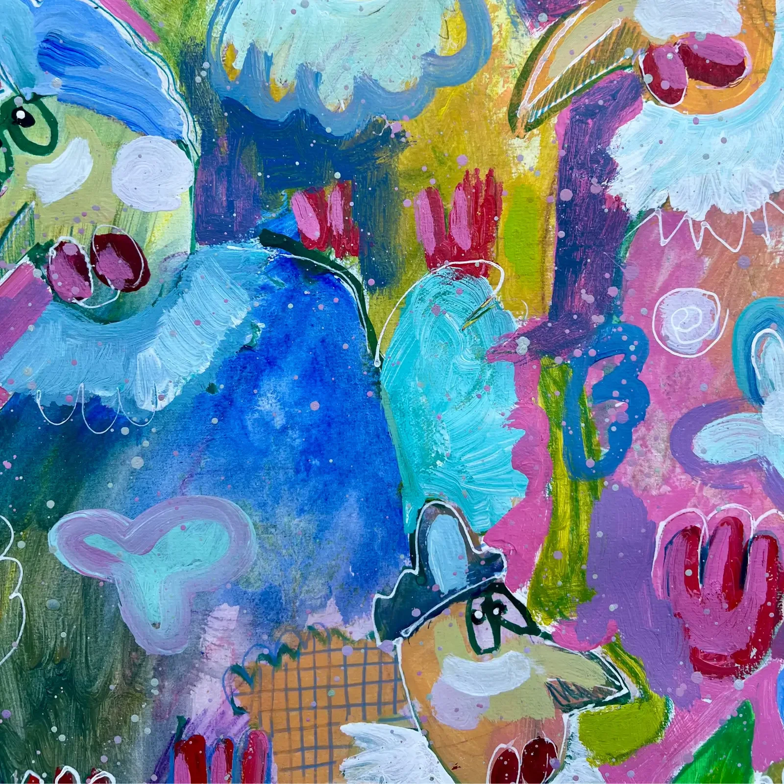 Detail zwei bunte Vögel, Pop Art Acrylgemälde Traumvögel im Blütenmeer, Fredi Gertsch, 2024