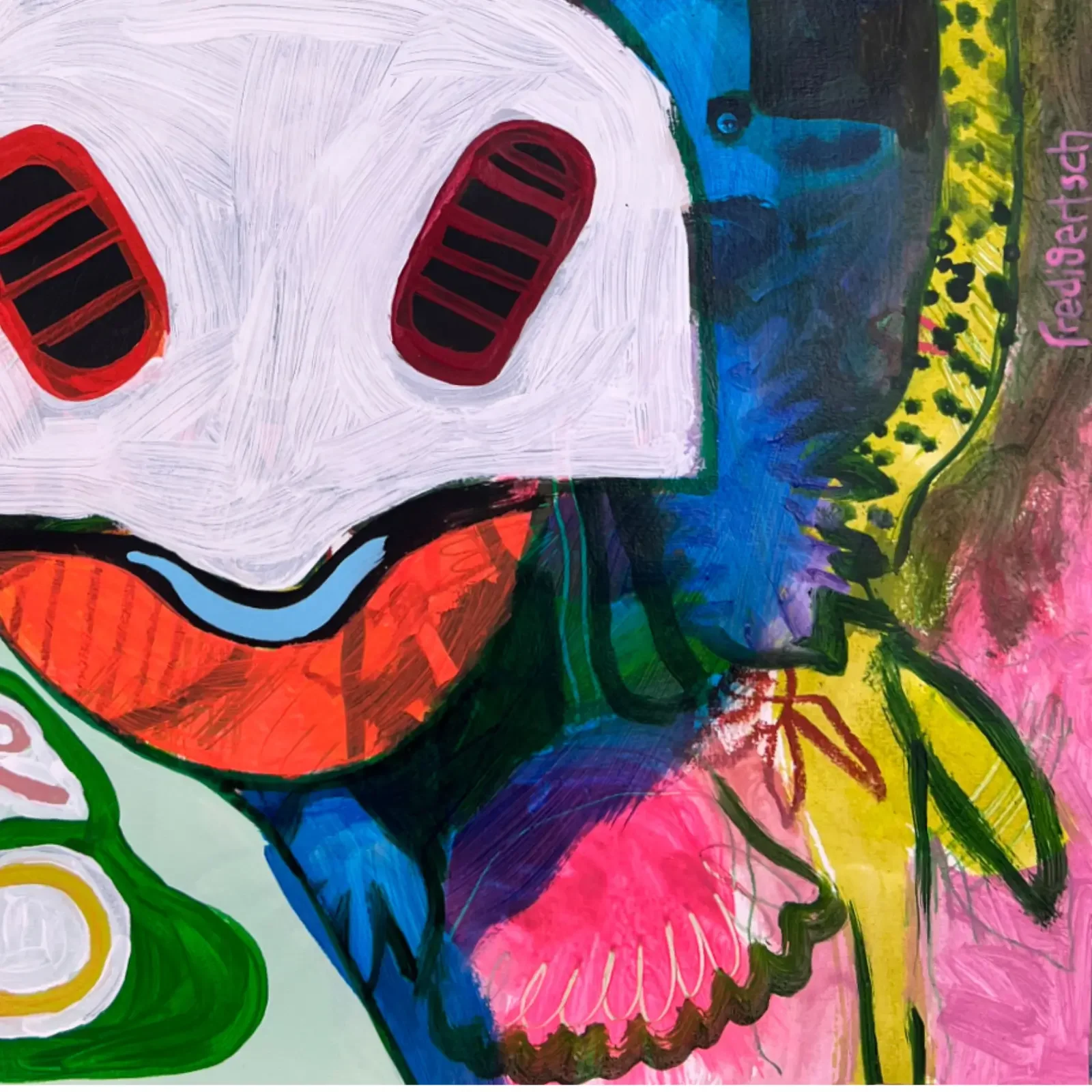 Close-up of cow face and colorful paint layers, pop art acrylic painting VogelLisi, Fredi Gertsch, 2026