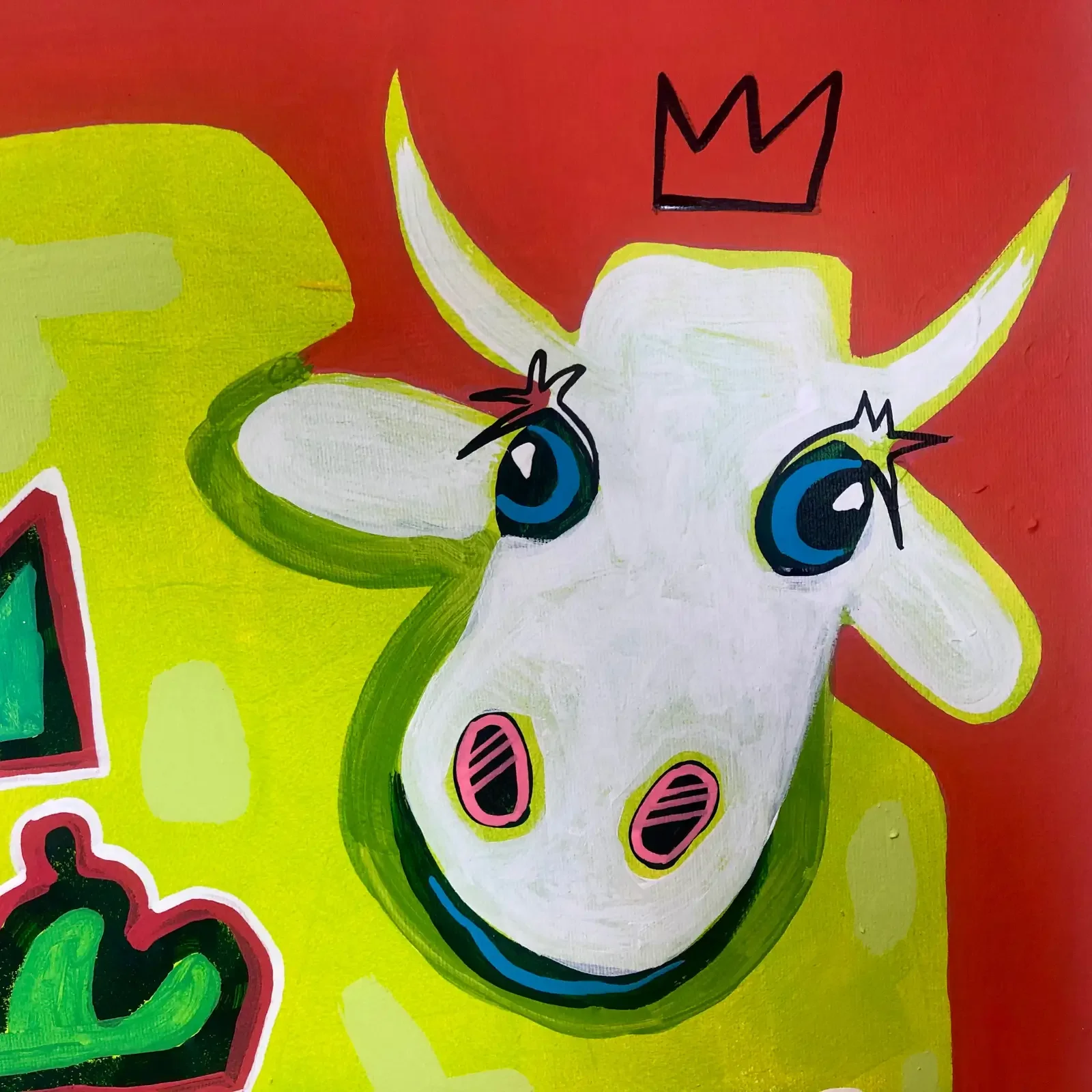 Detail Kuhkopf mit Krone, Pop Art Acrylgemälde Queens Wardrobe, Fredi Gertsch, 2021