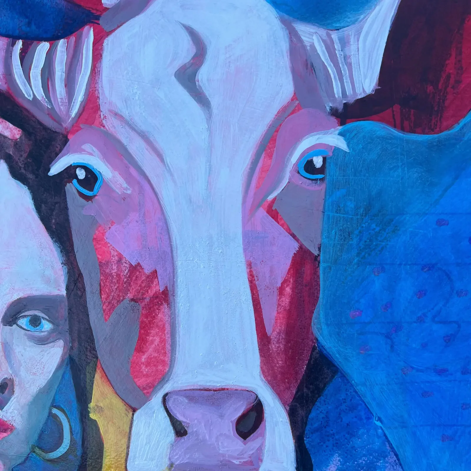 Detail Kuhkopf mit blauen und pinken Akzenten, Pop Art Acrylgemälde Pink Power, Fredi Gertsch, 2023