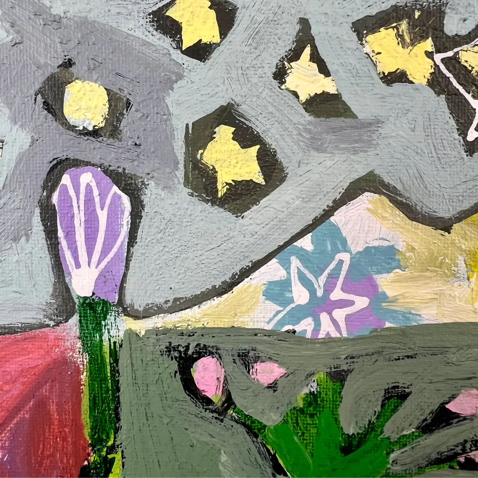 Detail goldene Sterne und Blumen, Pop Art Acrylgemälde Wo die Sterne wohnen, Fredi Gertsch, 2024