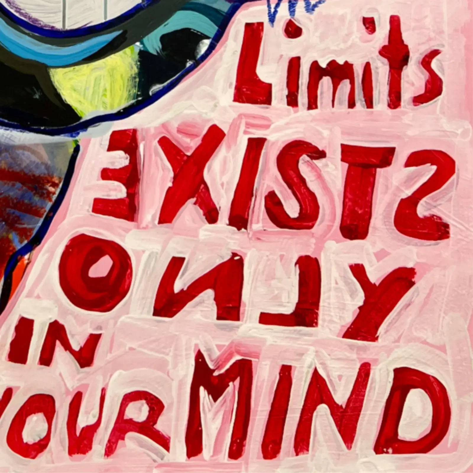 Detail Spruch „Limits exist only in your mind“, Pop Art Acrylgemälde VogelLisi – No Limits, Fredi Gertsch, 2026