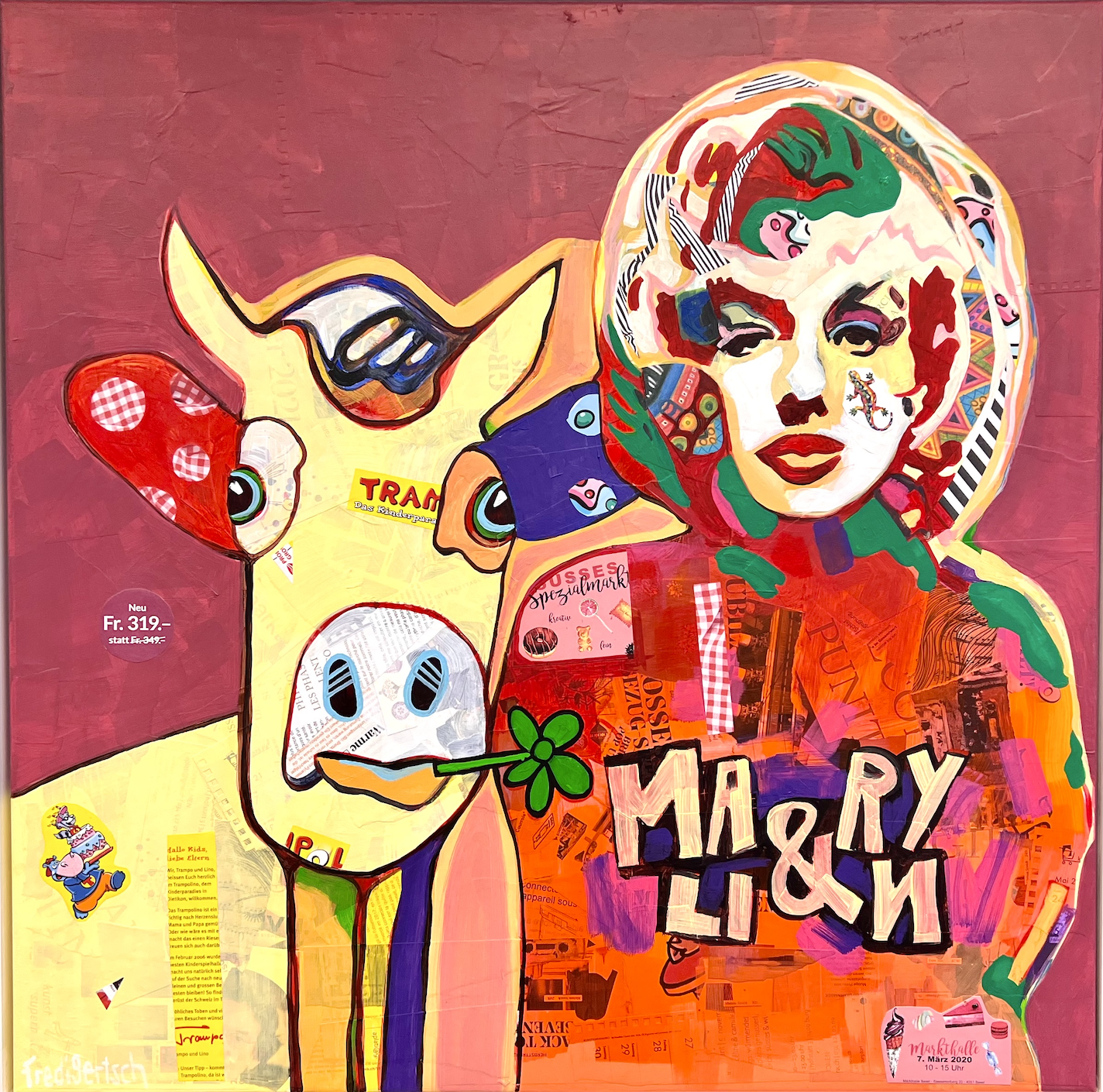 Baby Marilyn, Pop Art Acrylgemälde auf Leinwand mit Marilyn und Kuh, Collage-Stil, Fredi Gertsch, 2024