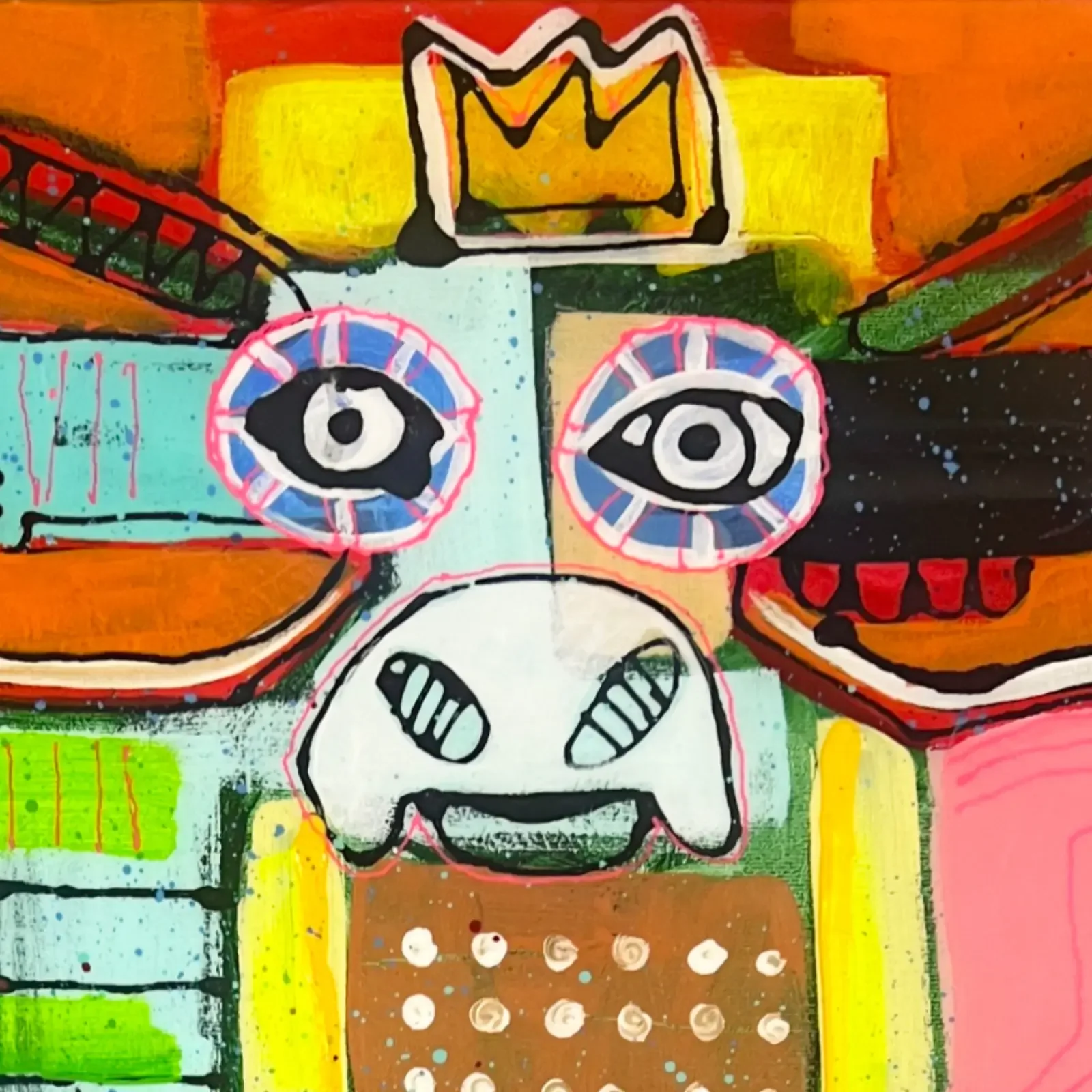 Detail Kuhkopf mit Krone und Comic-Augen, Pop Art Acrylgemälde Crocodile Dundee, Fredi Gertsch, 2024