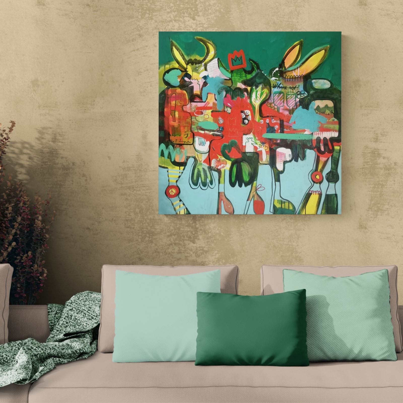 Farbstarkes Originalkunstwerk Happy Rebels – Wild Kingdom von Fredi Gertsch im Schlafzimmer