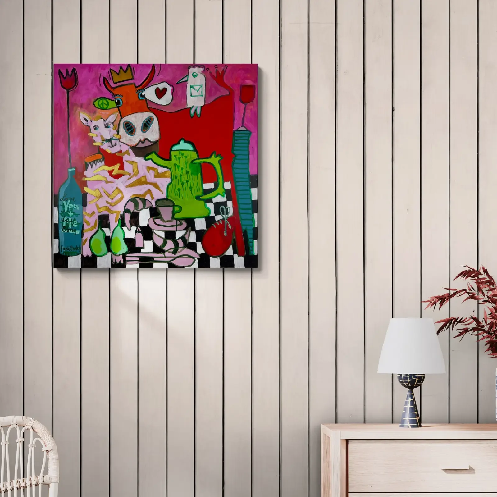 Königin der Herzen von Fredi Gertsch, Pop Art Wandbild 80 x 80 cm im Wohnzimmer, Schweizer Kunst, 2026