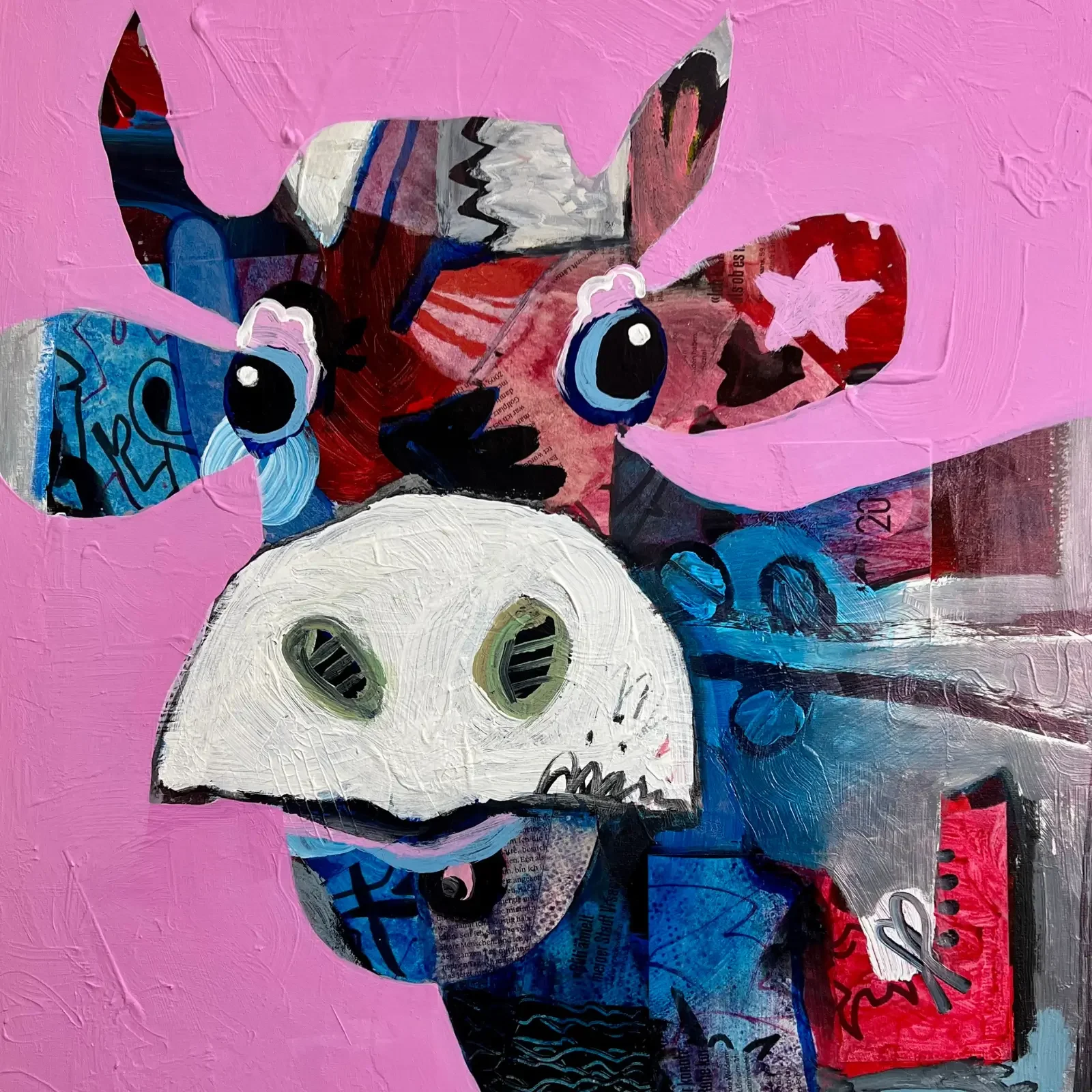 Detail VogelLisi mit Sternen und pinkem Hintergrund, Pop Art Acrylgemälde VogelLisi Sternenzauber, Fredi Gertsch, 2025