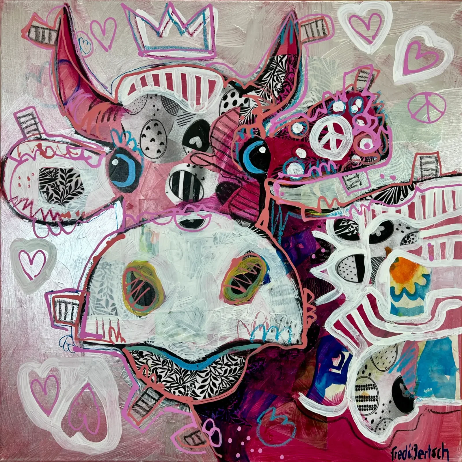 VogelLisi – Pink Peace, Pop Art Acrylgemälde auf Leinwand mit pinker Kuh, Krone, Peace-Zeichen und Herzen, Fredi Gertsch, 2026