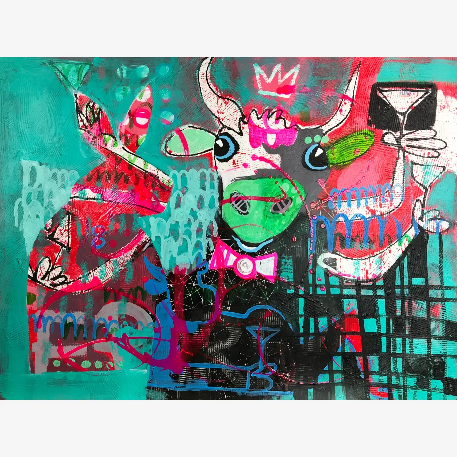 Neon Toast, Pop Art Mixed Media Kunstwerk auf Karton mit zwei Kühen, Krone, Cocktailglas und Neonfarben, Fredi Gertsch, 2018