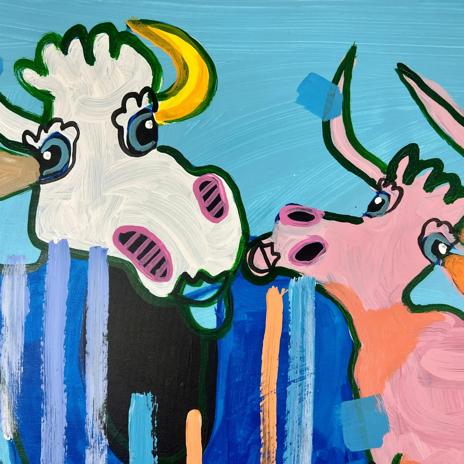 Detail Kühe beim Tanz auf dem Krokodil, Pop Art Acrylgemälde mit blauem Hintergrund, Fredi Gertsch, 2026