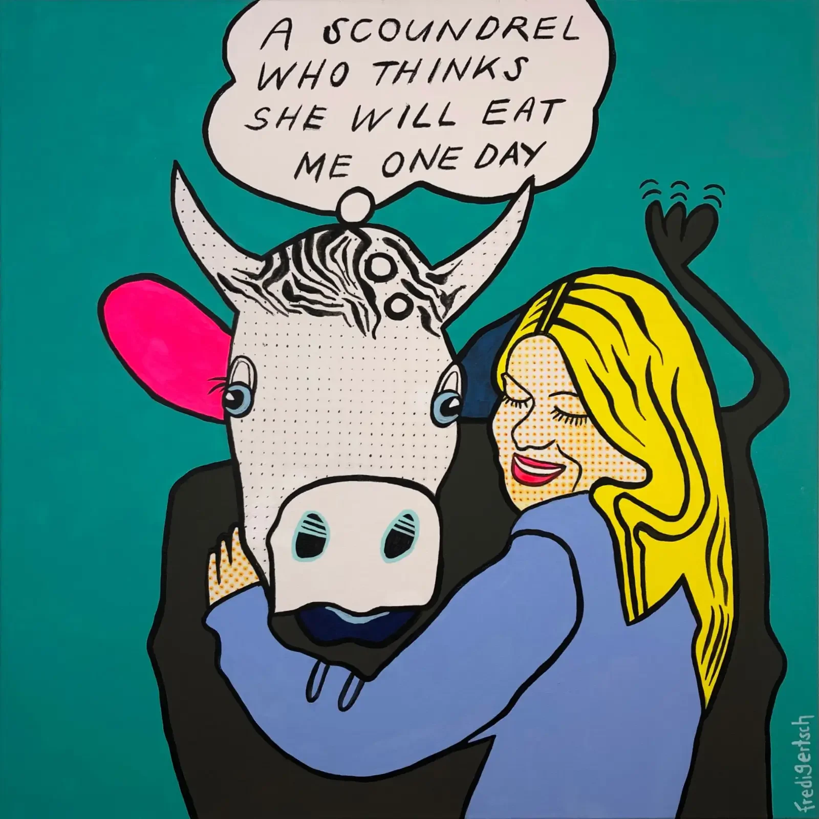 A Scoundrel Who Thinks…, Pop Art Acrylgemälde auf Leinwand mit Frau und Kuh im Comic-Stil, Sprechblase, Fredi Gertsch, 2021