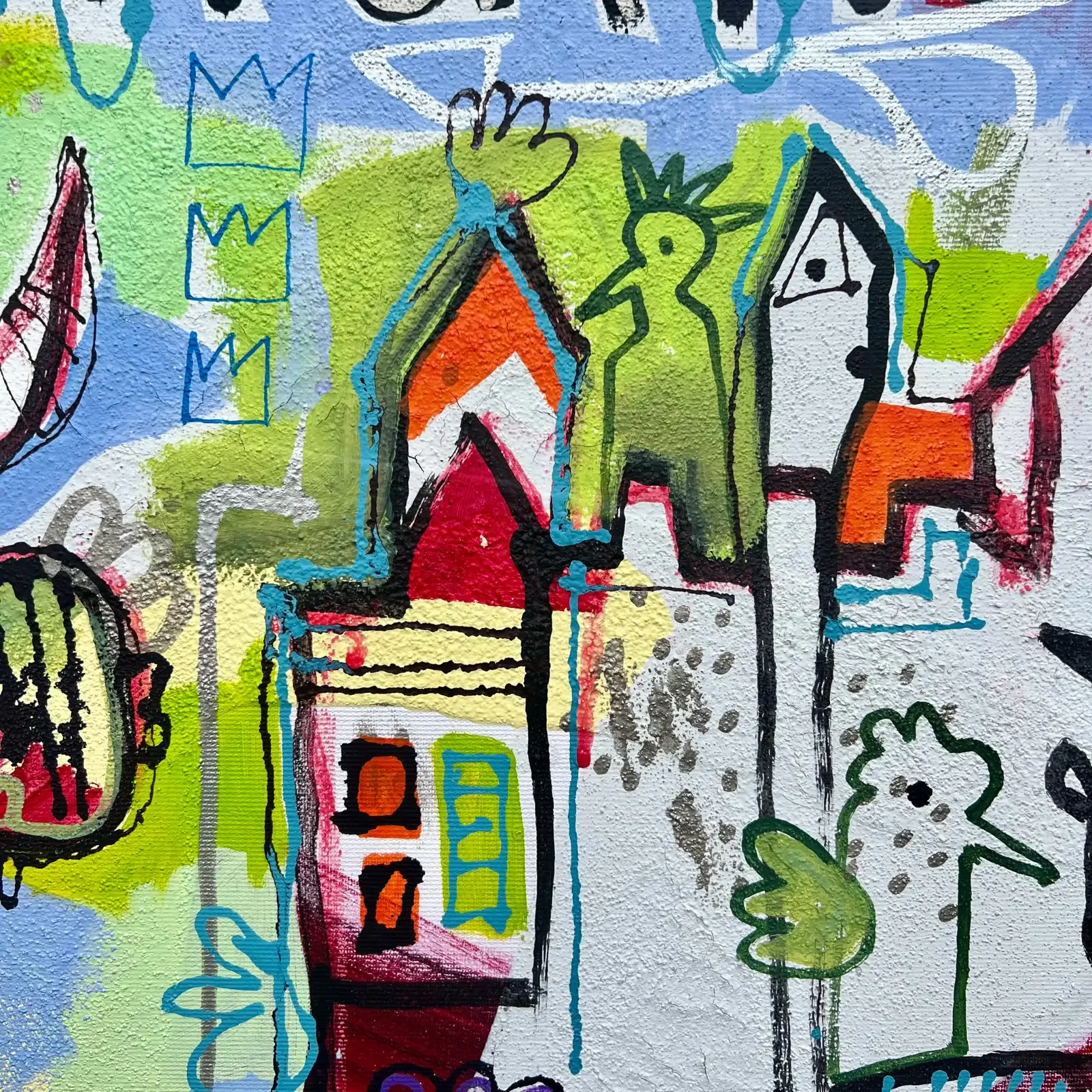 Detail bunte Häuser, Collage-Elemente, Pop Art Acrylgemälde It’s a tricky situation, Fredi Gertsch, 2024