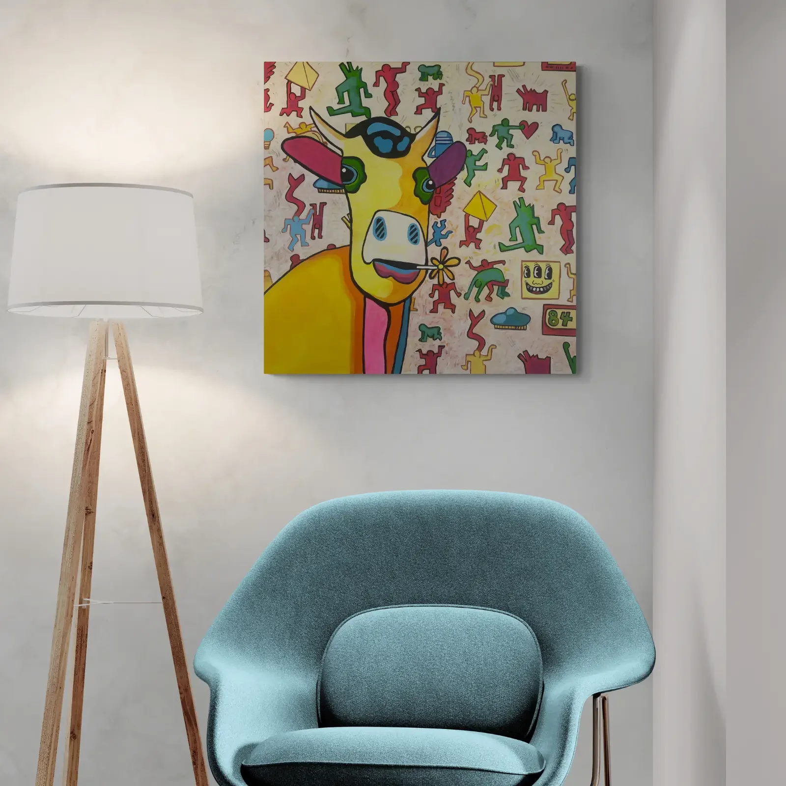 Baby Meets Keith, Pop Art Acrylgemälde von Fredi Gertsch, Wandbild im Wohnzimmer mit Sessel, Schweizer Kunst, 2024