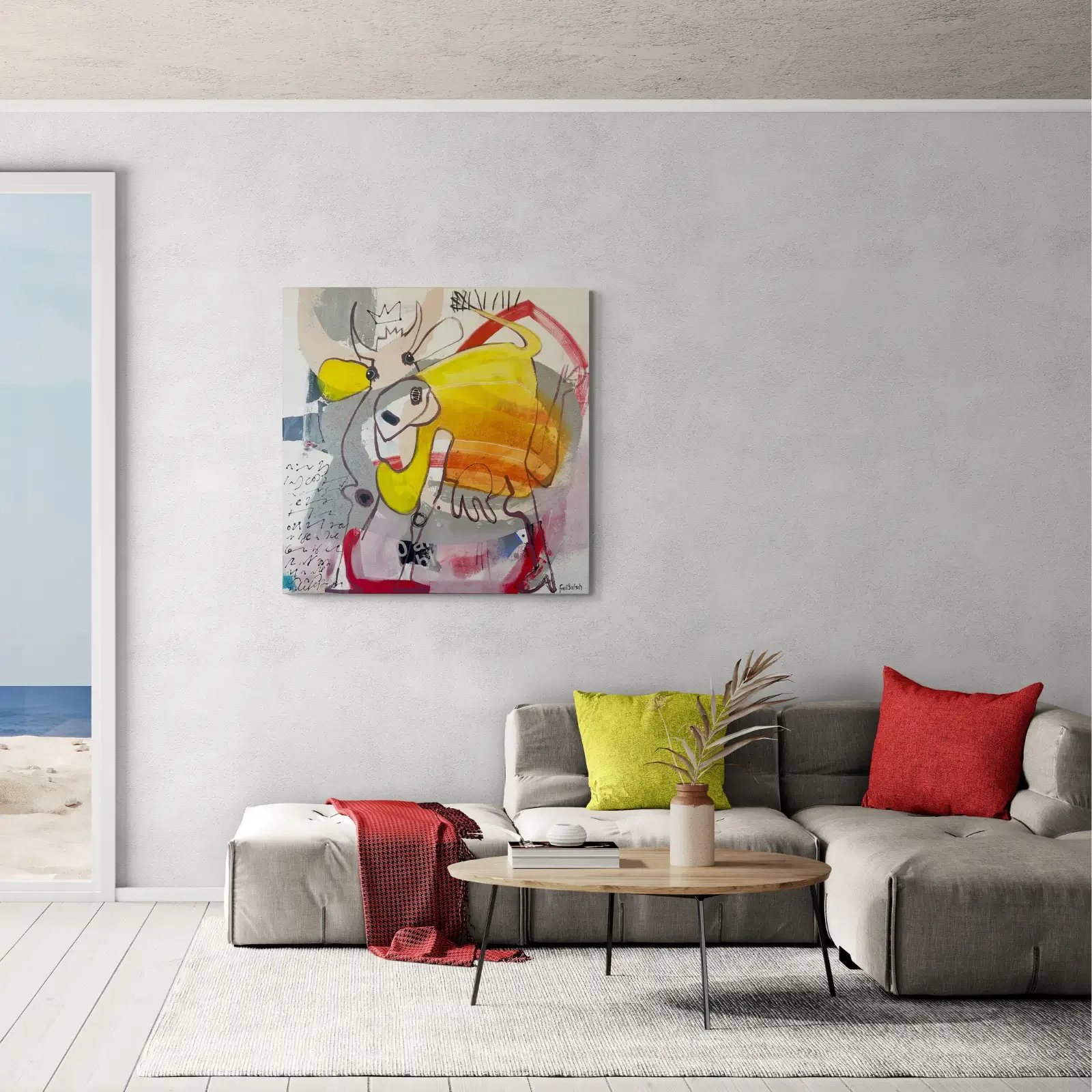 Pop Art Acrylgemälde mit Kuh, gelber Körper, Collage-Stil, Wohnzimmer Deko, Fredi Gertsch, 2024