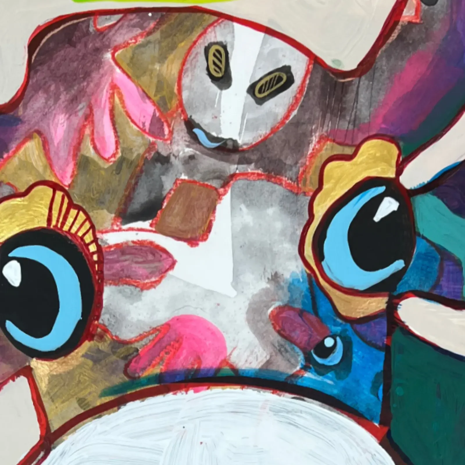 Detail VogelLisi-Gesicht und Farbschichten, Pop Art Acrylgemälde VogelLisi – Ändere den Blick, ändere die Welt, Fredi Gertsch, 2026