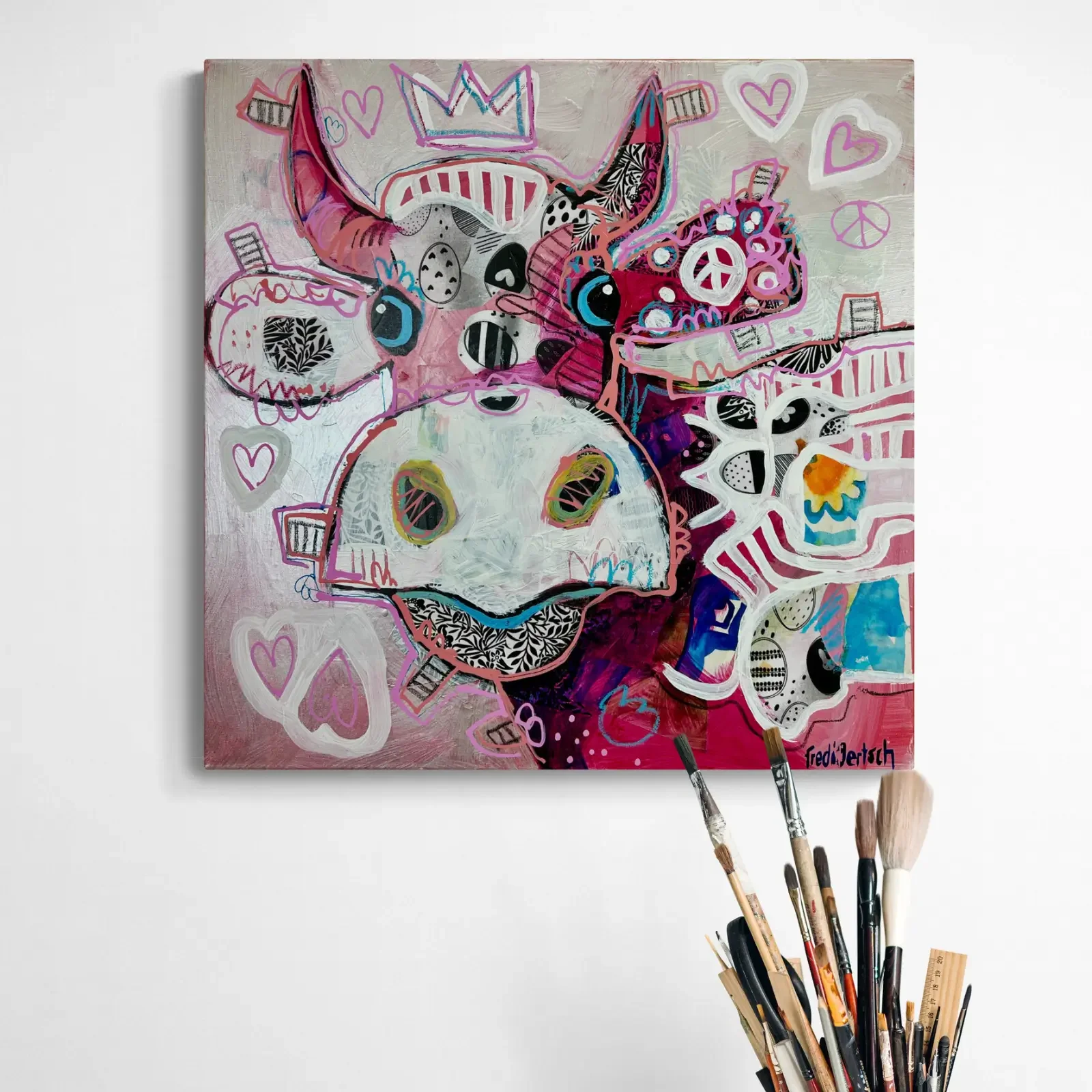 VogelLisi – Pink Peace von Fredi Gertsch, Pop Art Acrylgemälde als Wandbild im Atelier, 2026
