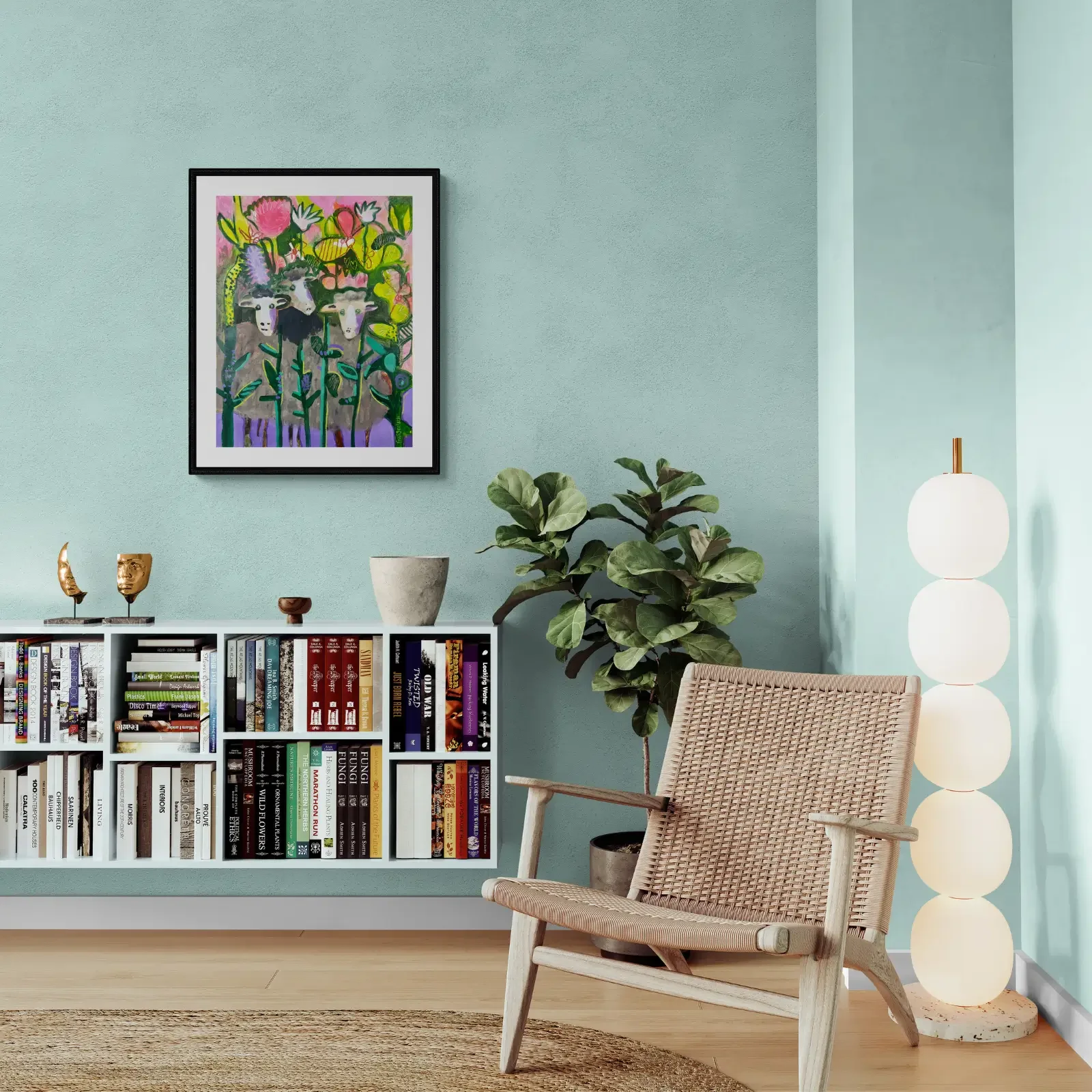 Schafe in der Blumenwiese, Pop Art Acrylgemälde von Fredi Gertsch, Wandbild im hellen Raum, Schweizer Kunst, 2024