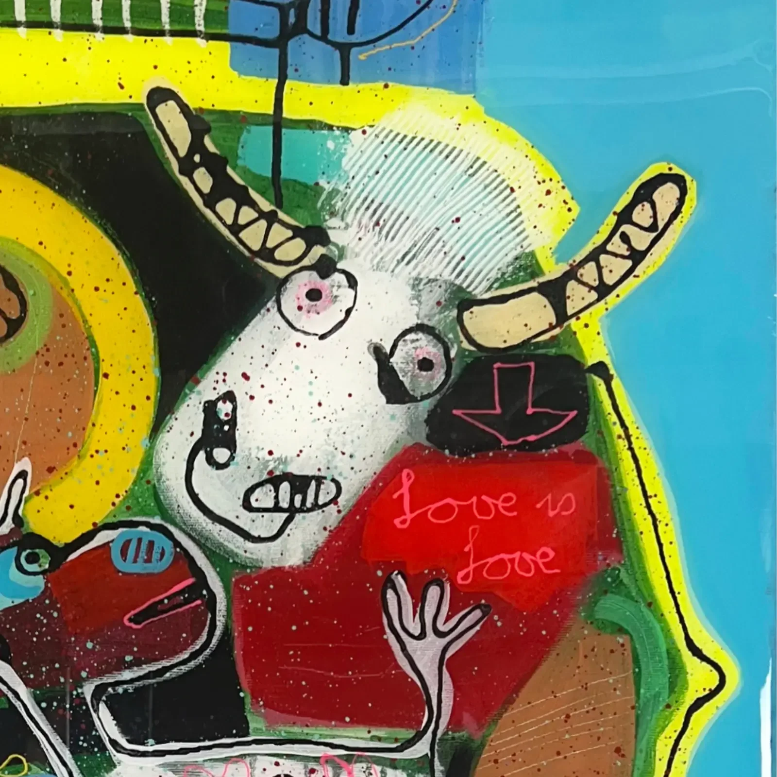 Detail Kuhkopf mit gelbem Hintergrund und Schrift "love is love", Pop Art Acrylgemälde BabyMum – Love Is Love, Fredi Gertsch, 2024