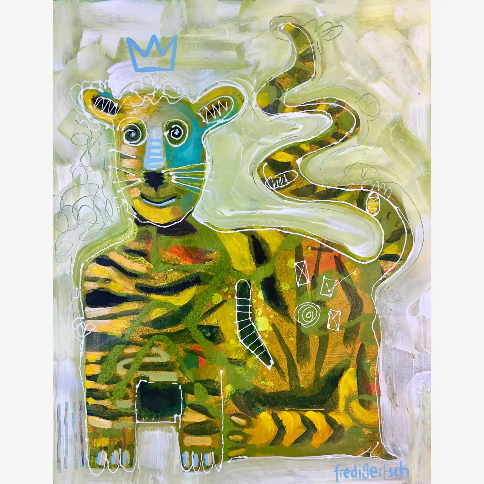 TigerLilly, Pop Art Acrylgemälde auf Papier mit Tiger, Krone und dynamischen Linien, Fredi Gertsch, 2024