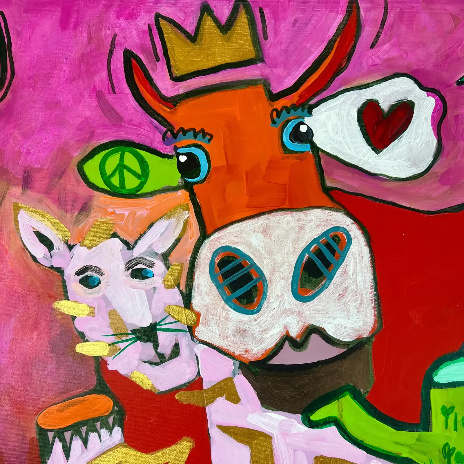 Detail Kuh mit Krone und Tiger neben der Kuh, Herzsymbol im Hintergrund, Pop Art Acrylgemälde Königin der Herzen, Fredi Gertsch, 2026