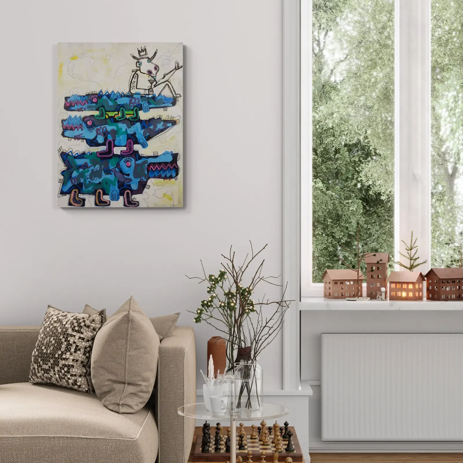 King of the Blue Herd, Pop Art Acrylgemälde von Fredi Gertsch, Wandbild im modernen Wohnzimmer, Schweizer Kunst, 2021