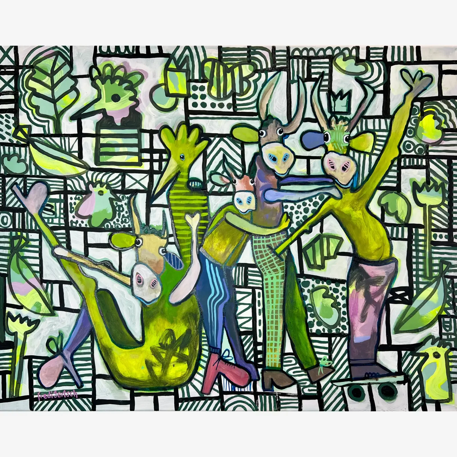 With A Little Help From My Friends – Green Groove, Pop Art Acrylgemälde auf Leinwand mit Figuren, Kühen und grafischem Muster in Grün, Fredi Gertsch, 2026
