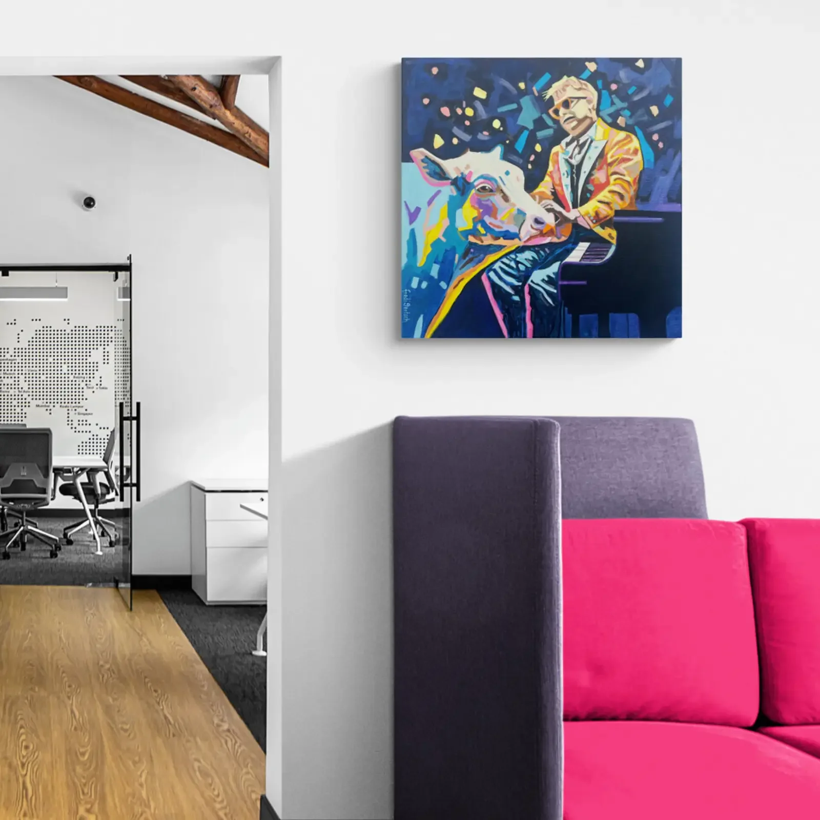 Elton & John von Fredi Gertsch, Pop Art Acrylgemälde als Wandbild im modernen Wohnzimmer, 2023