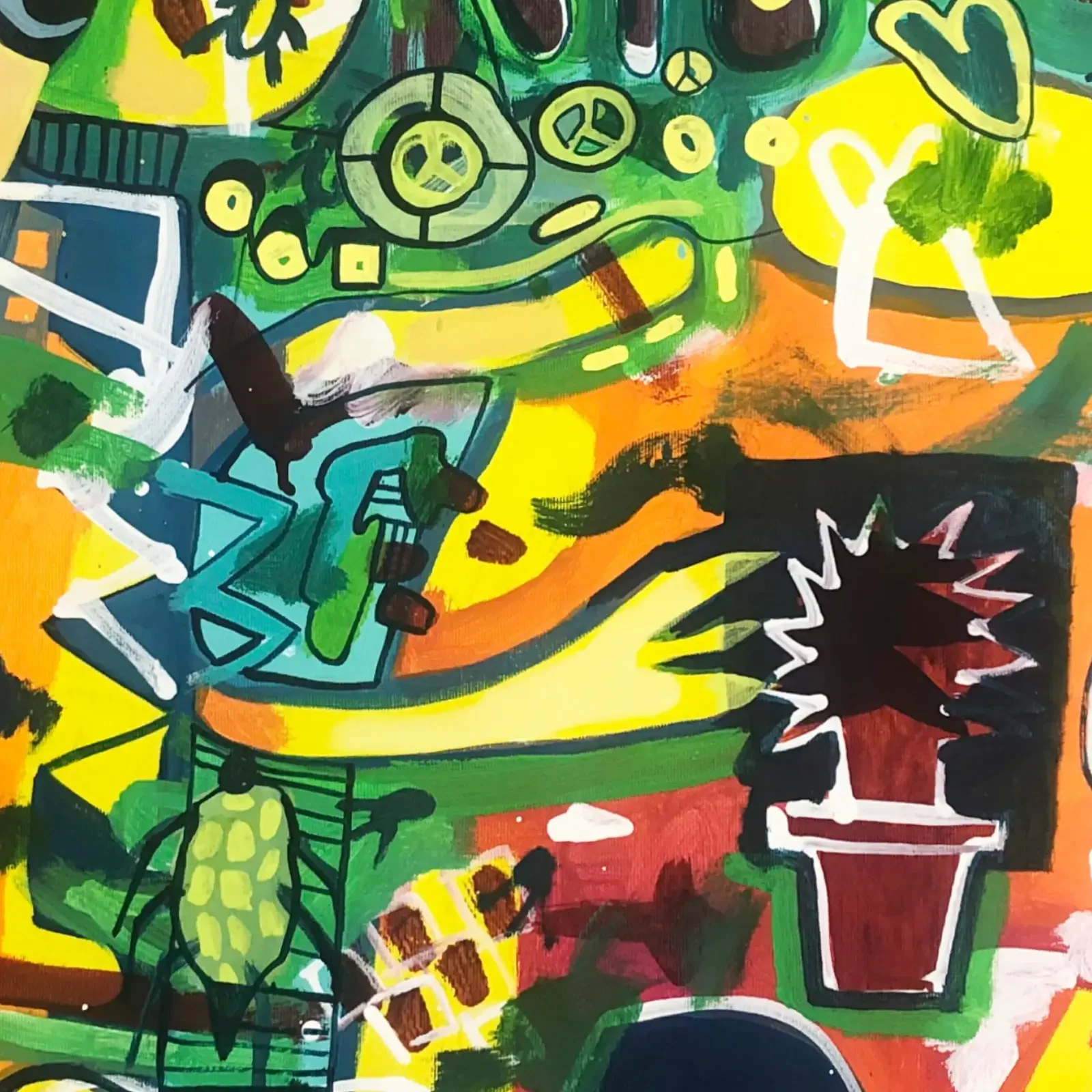 Detail bunte Pflanzen und Kakteen, Pop Art Acrylgemälde Just Us Two – Electric Jungle Vibes, Fredi Gertsch, 2020