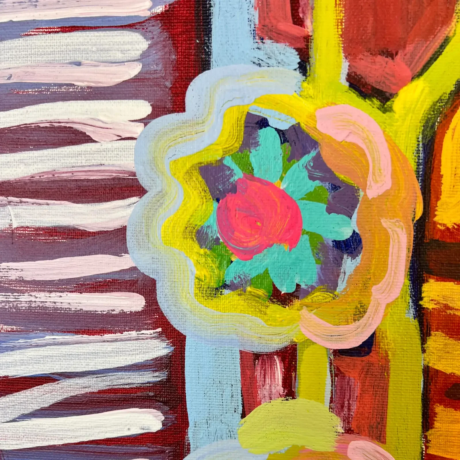 Detail Blume mit roten und gelben Akzenten, Pop Art Acrylgemälde Tiger auf dem Teppich, Fredi Gertsch, 2024