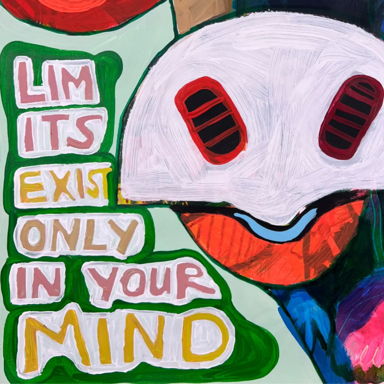 Detail of quote “Limits exist only in your mind”, pop art acrylic painting VogelLisi, Fredi Gertsch, 2026