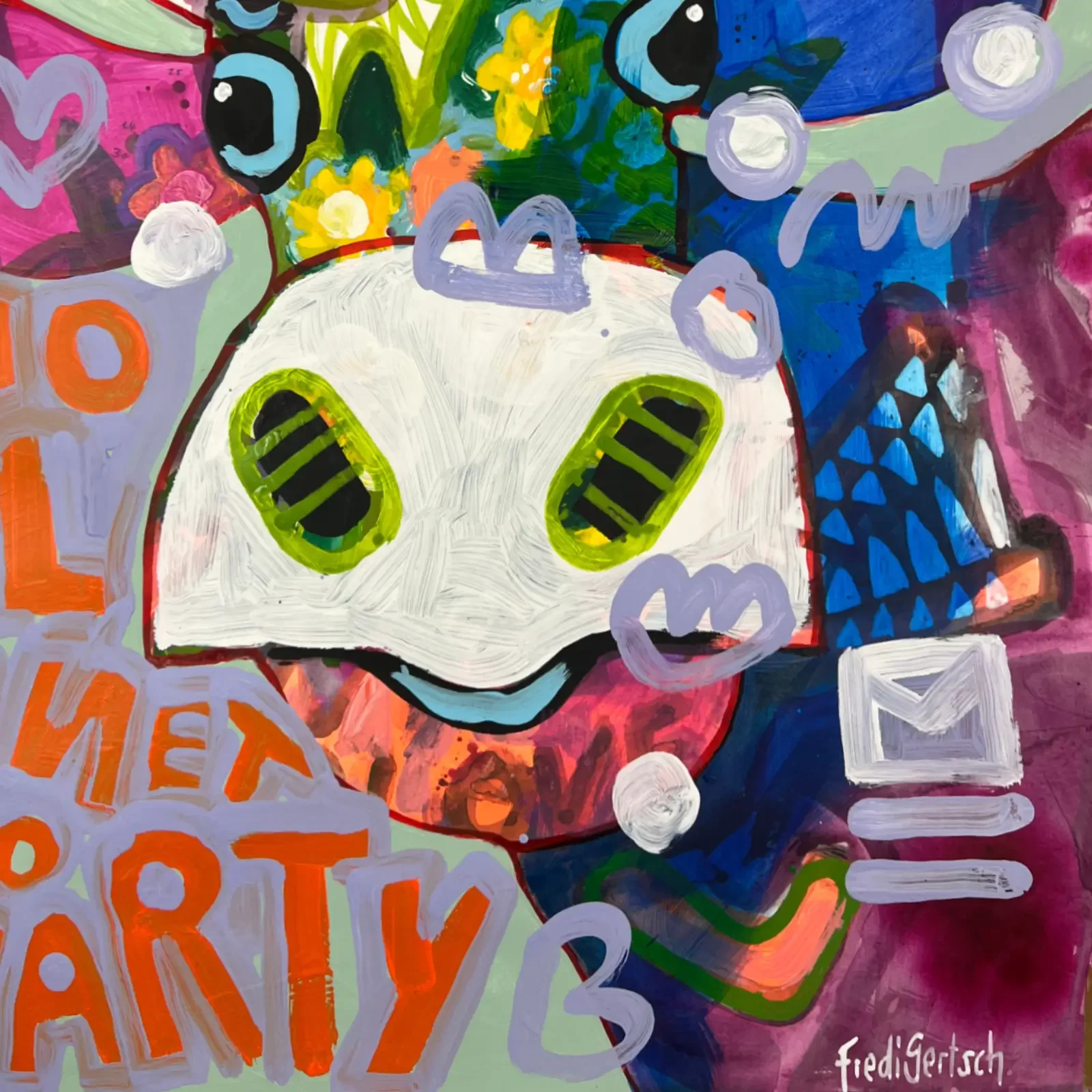 Detail Text „No Planet, No Party“, Pop Art Acrylgemälde VogelLisi, Fredi Gertsch, 2026