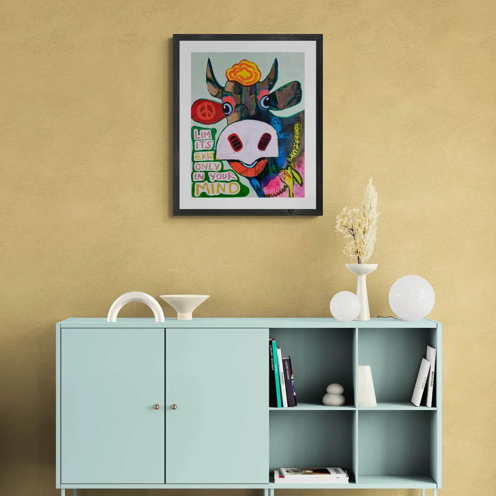 VogelLisi – Limits Exist Only in Your Mind by Fredi Gertsch, pop art wall art above sideboard, 2026