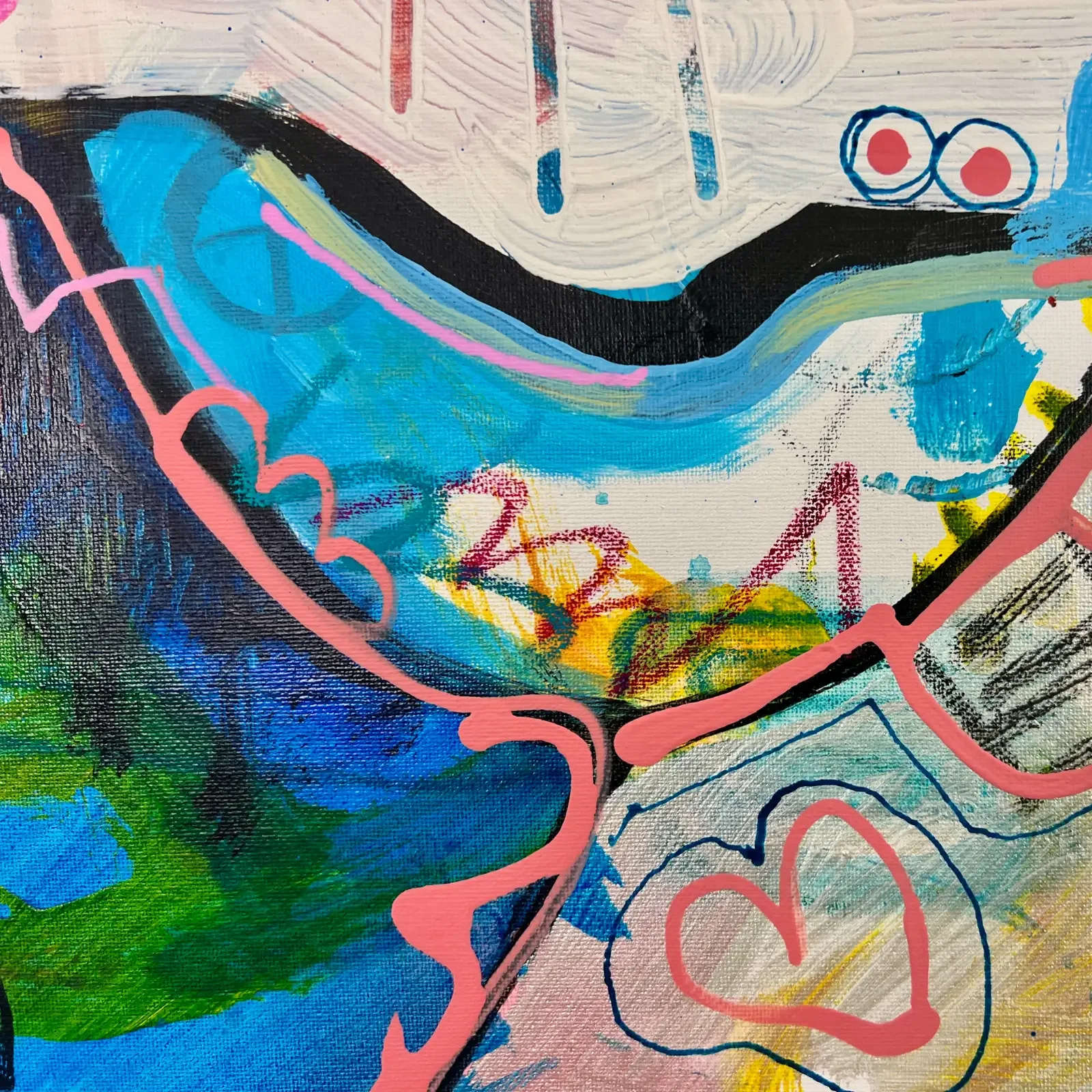 Detail abstrakte Linien und Farbakzente, Pop Art Acrylgemälde VogelLisi – Blue Harmony, Fredi Gertsch, 2026
