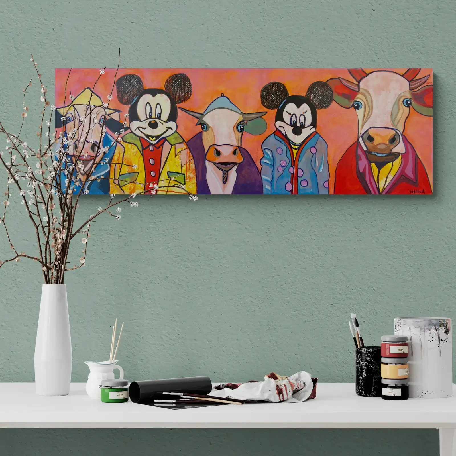 Friends With Benefits von Fredi Gertsch, Pop Art Acrylgemälde als Wandbild im Atelier, 2023