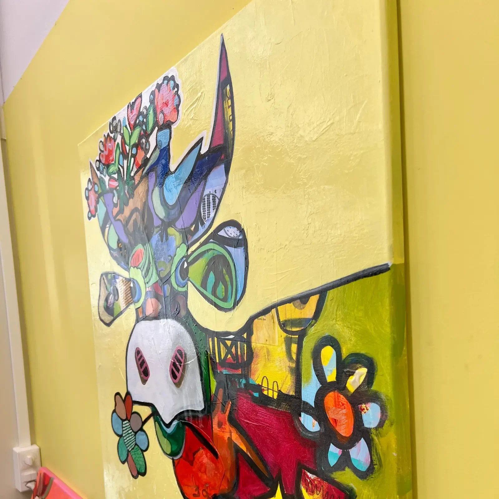 Seitliche Ansicht der Leinwand mit Hochglanz-Finish, VogelLisi – Sunshine Bouquet, Fredi Gertsch, 2026