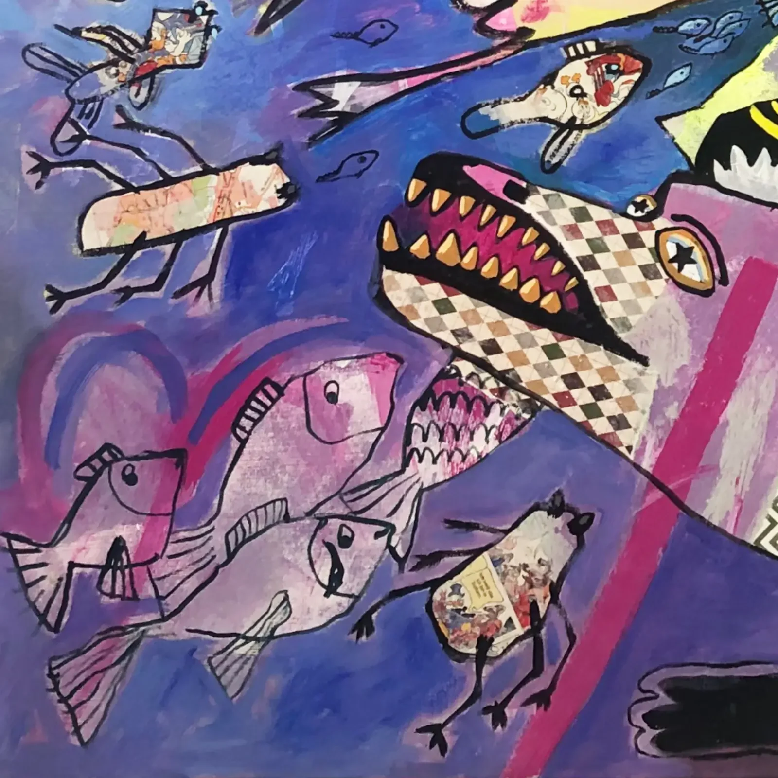 Detail Fische und Krokodile auf blauem Grund, Mixed Media Pop Art Kunstwerk Under The Sea, Fredi Gertsch, 2020