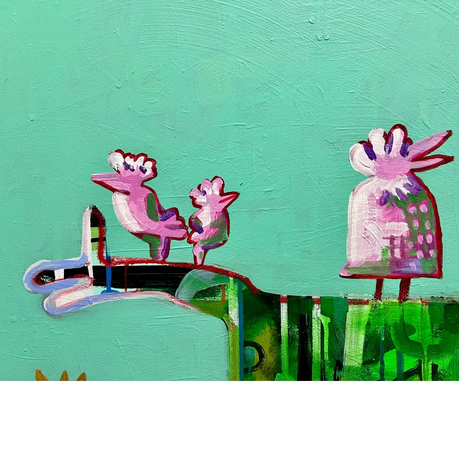 Detail: drei pinke Birds auf grüner Kante vor türkisfarbenem Hintergrund, Originalgemälde 2026 von Fredi Gertsch