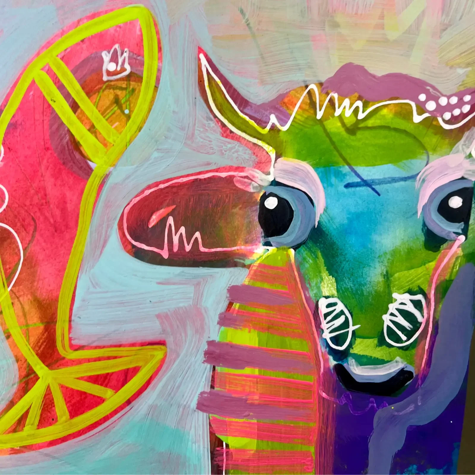 Detail Kuhkopf mit Neonakzenten, Pop Art Acrylgemälde Baby Mum Helsinki, Fredi Gertsch, 2024