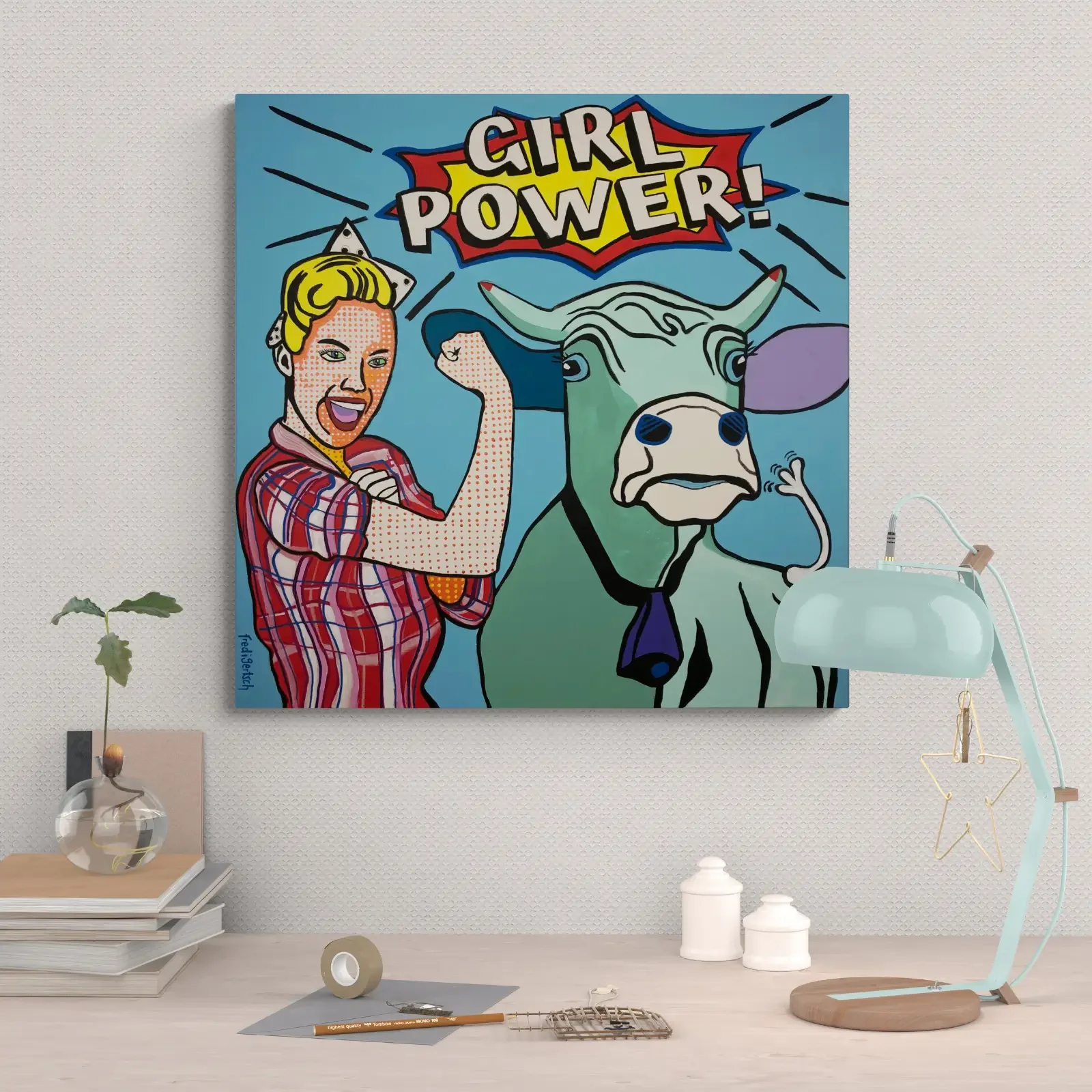 Girl Power! von Fredi Gertsch, Pop Art Acrylgemälde als Wandbild im modernen Wohnzimmer, 2021
