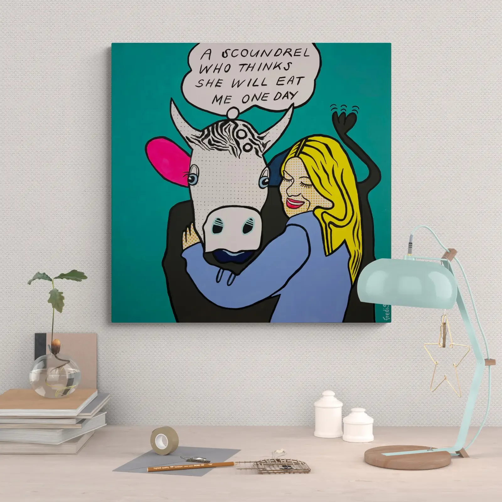A Scoundrel Who Thinks… von Fredi Gertsch, Pop Art Acrylgemälde als Wandbild im modernen Wohnzimmer, 2021