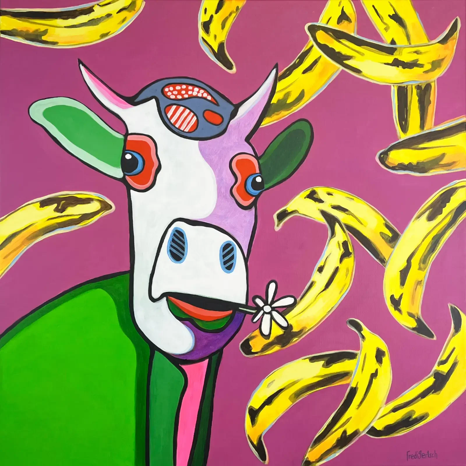 Baby Meets Andy, Pop Art Acrylgemälde auf Leinwand mit Kuh und gelben Bananen auf pinkem Hintergrund, inspiriert von Andy Warhol, Fredi Gertsch, 2024