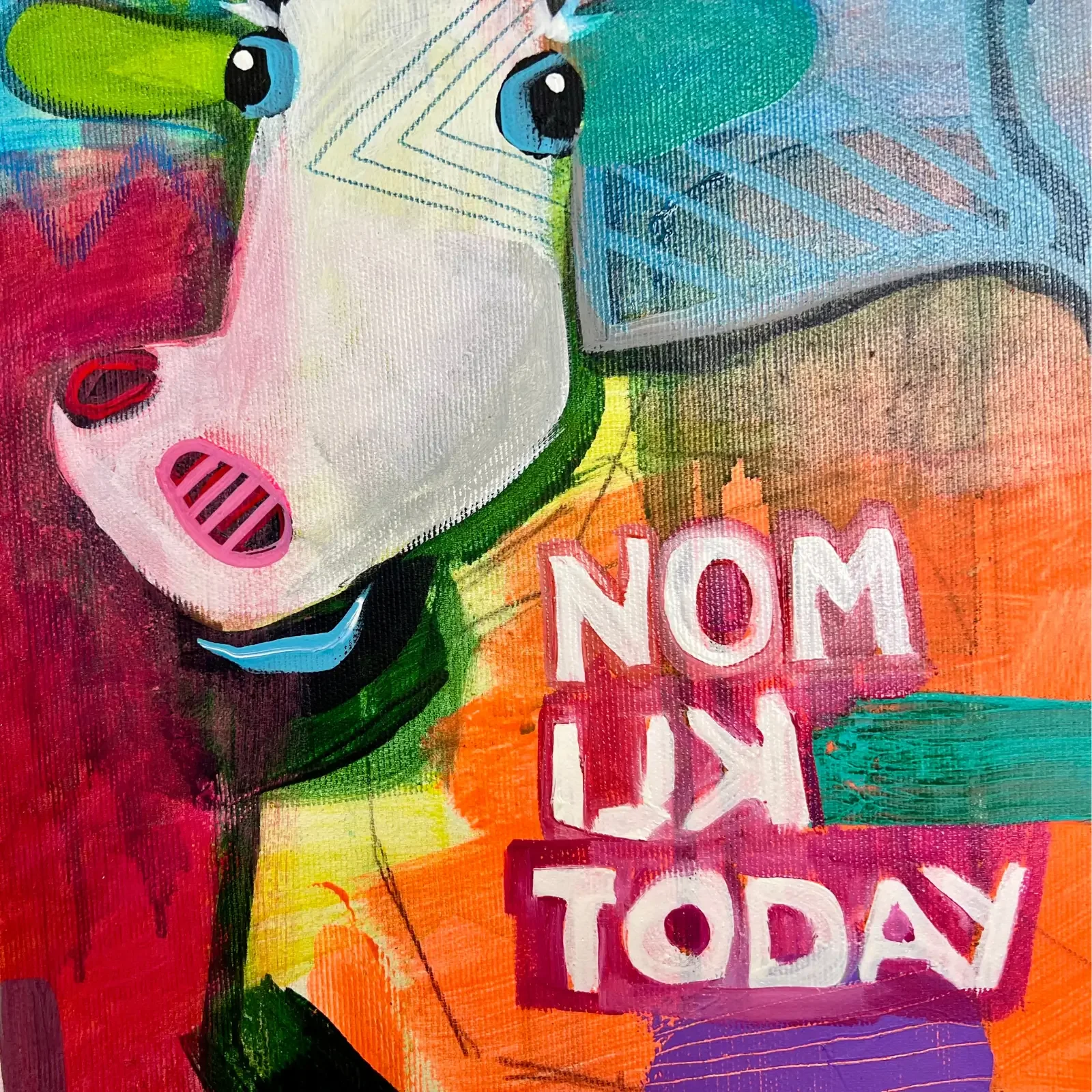 Detail Kuh mit Slogan "No Milk Today", Pop Art Acrylgemälde Alpaufzug – Crown Parade, Fredi Gertsch, 2023