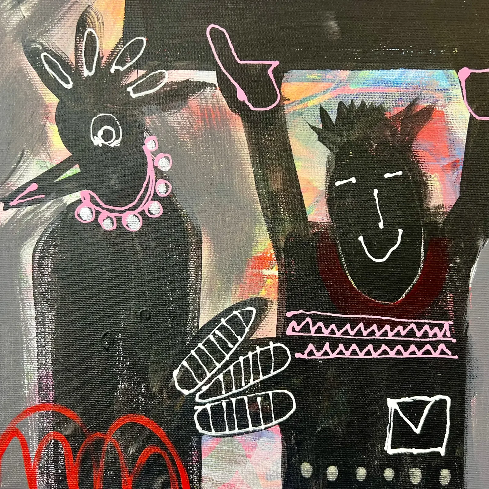 Detail schwarze Figuren mit Schmuck und roter Linie, Pop Art Acrylgemälde Free Place For Ads, Fredi Gertsch, 2026