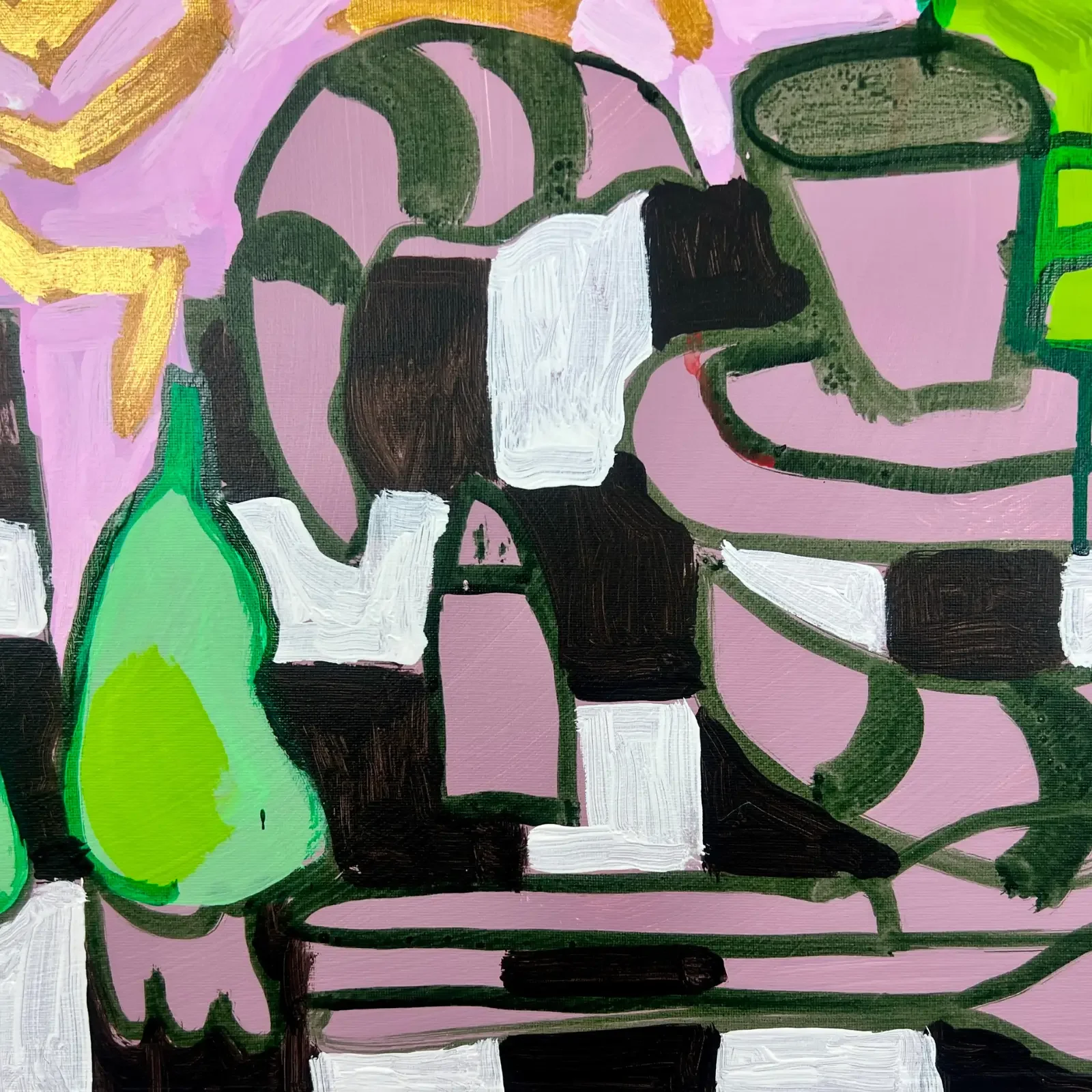 Detail Frühstücksgedeck mit Glas, Flasche und Kanne, Pop Art Acrylgemälde Königin der Herzen, Fredi Gertsch, 2026