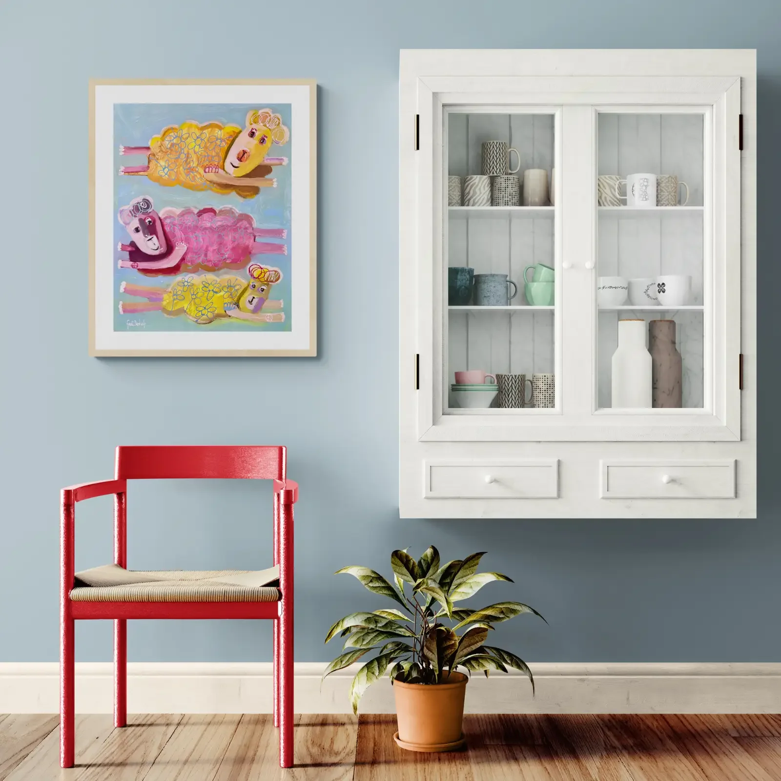 Drei Schafe und ein Blumenmeer von Fredi Gertsch, Pop Art Acrylgemälde als Wandbild im modernen Esszimmer, 2024