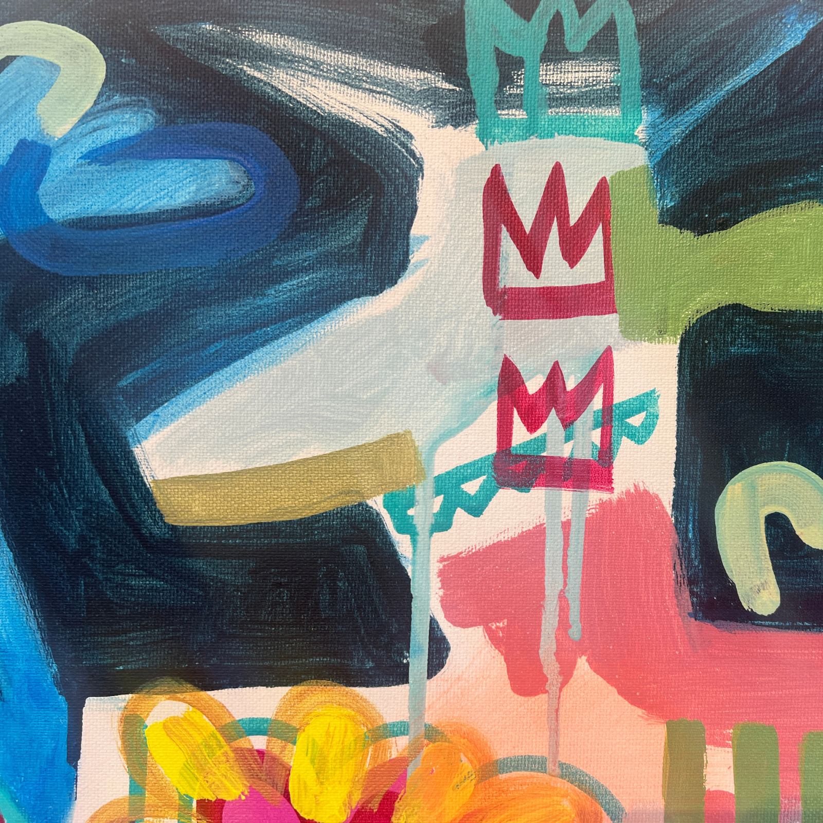 Detailaufnahme des Originalgemäldes Happy Rebels – Bloom Together von Fredi Gertsch mit Kronenmotiv, kräftigen Farben und abstrakter Acrylmalerei.