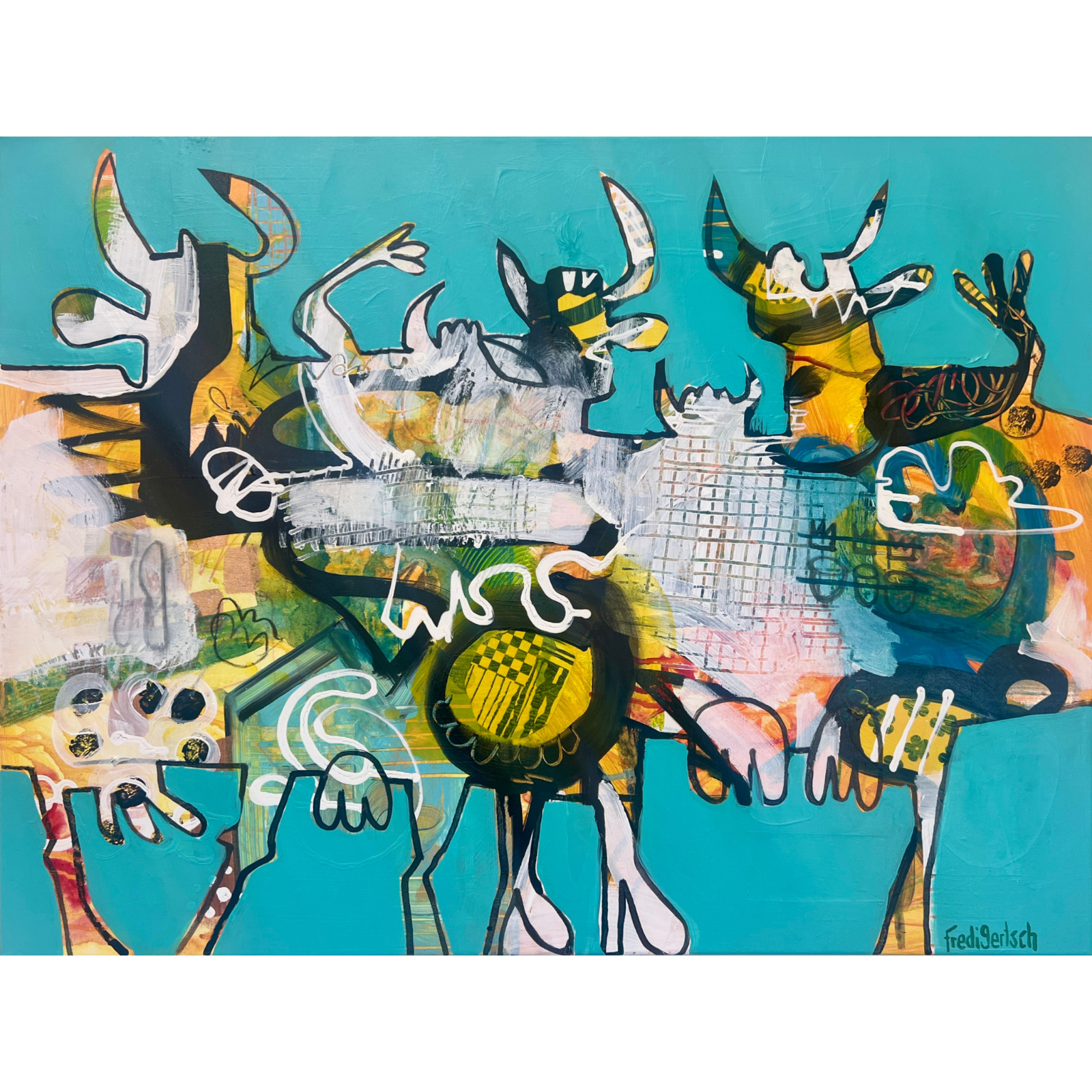Happy Rebels – Wild Harmony, originales Acrylgemälde von Fredi Gertsch mit expressiven Tierfiguren auf leuchtend türkisfarbenem Hintergrund.